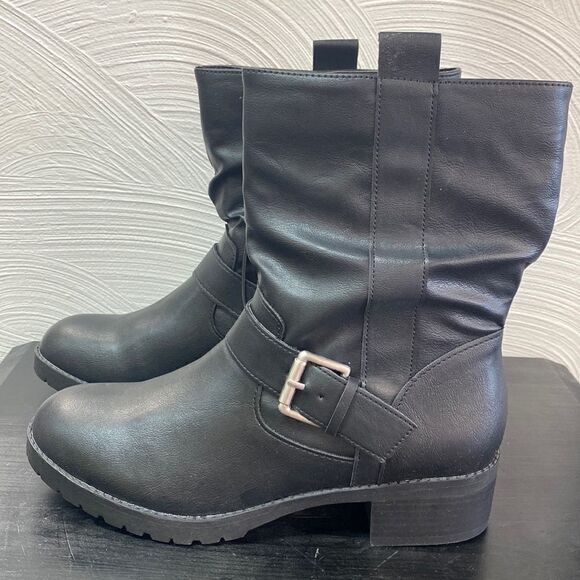 ARIZONA GWEN Black Faux Leather Moto Boots with Buckle - Size 8M - Picture 1 of 10